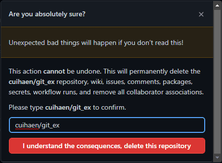 해당 repository의 이름을 동일하게 한번 더 입력 시 최종 삭제