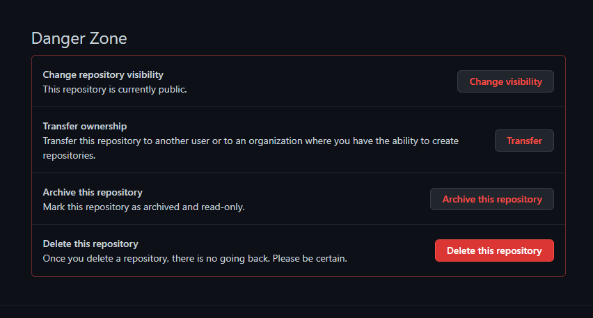 'Danger Zone'속 최하단의 'Delete this repository'선택